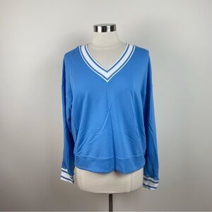 Sincerely Jules Blue White Long Sleeve V Neck Preppy Top Women Large Casual